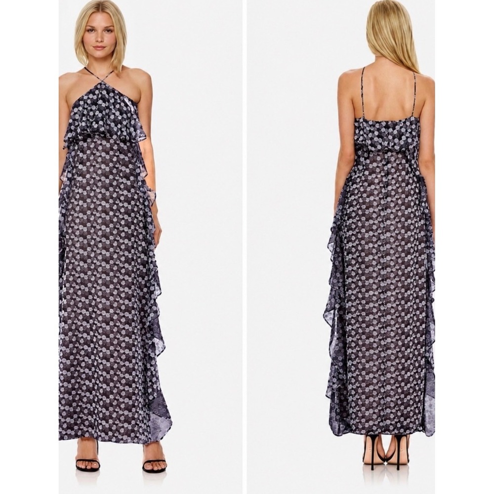 Jewel Badgley Mischka Alix Tiered Maxi Dress Black Silver Fil Coupe Dot 14